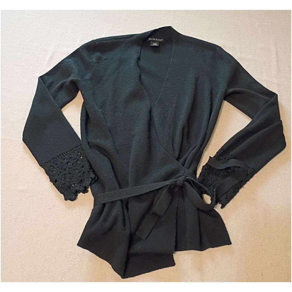 Alexandra Bartlett Black Wrap Cardigan‎ Crochet Lace Cuff Wool Blend Sweater XS